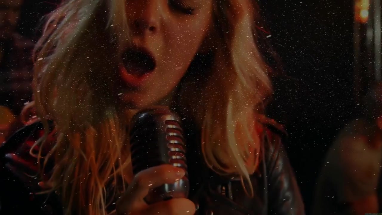 Woman singer performing on music stage, with animated sound waves and floating dust particles