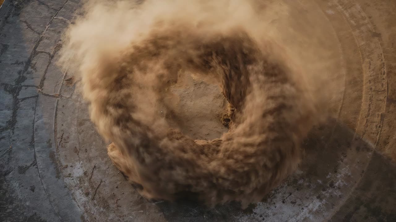 Formazione di un vortice di polvere ad anello, apertura che solleva detriti e crea un alone fluttuante all'interno del condotto