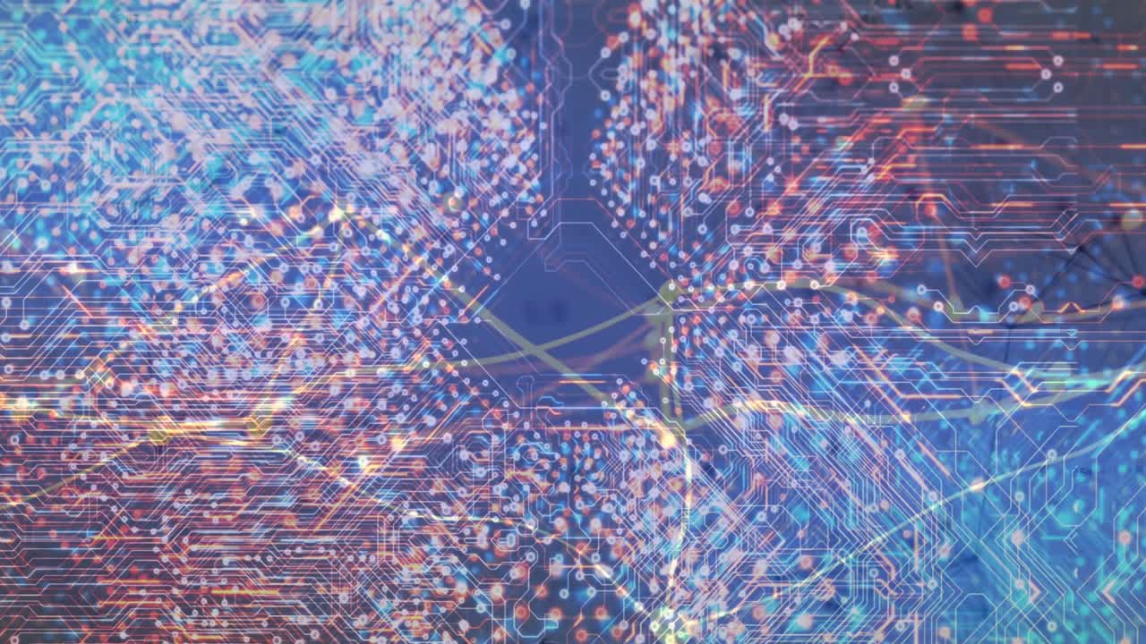 Sequence progressing, circuit graphic pulsing neon traces, nodes and diamond void, visualizing data