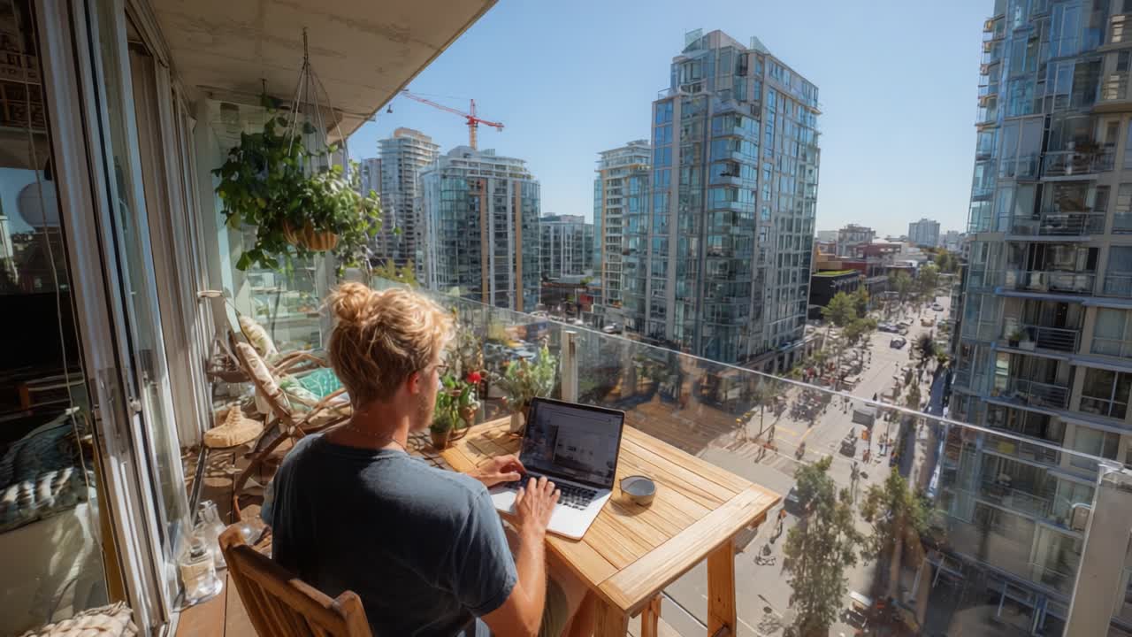 Engaging in Productive Work from an Urban Balcony: A Serene Moment of Focus with a Lush Green Backdrop and a Breathtaking City View