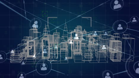 iconos de perfil y edificios virtuales en una ciudad