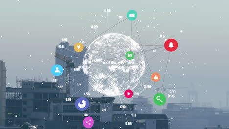 animation of globe and social media icons over cityscape