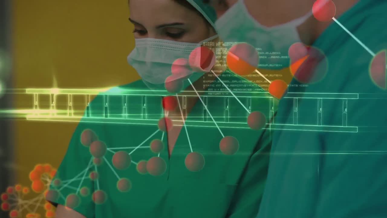 animación de adn rotando sobre mujeres y hombres caucásicos médicos con máscaras faciales