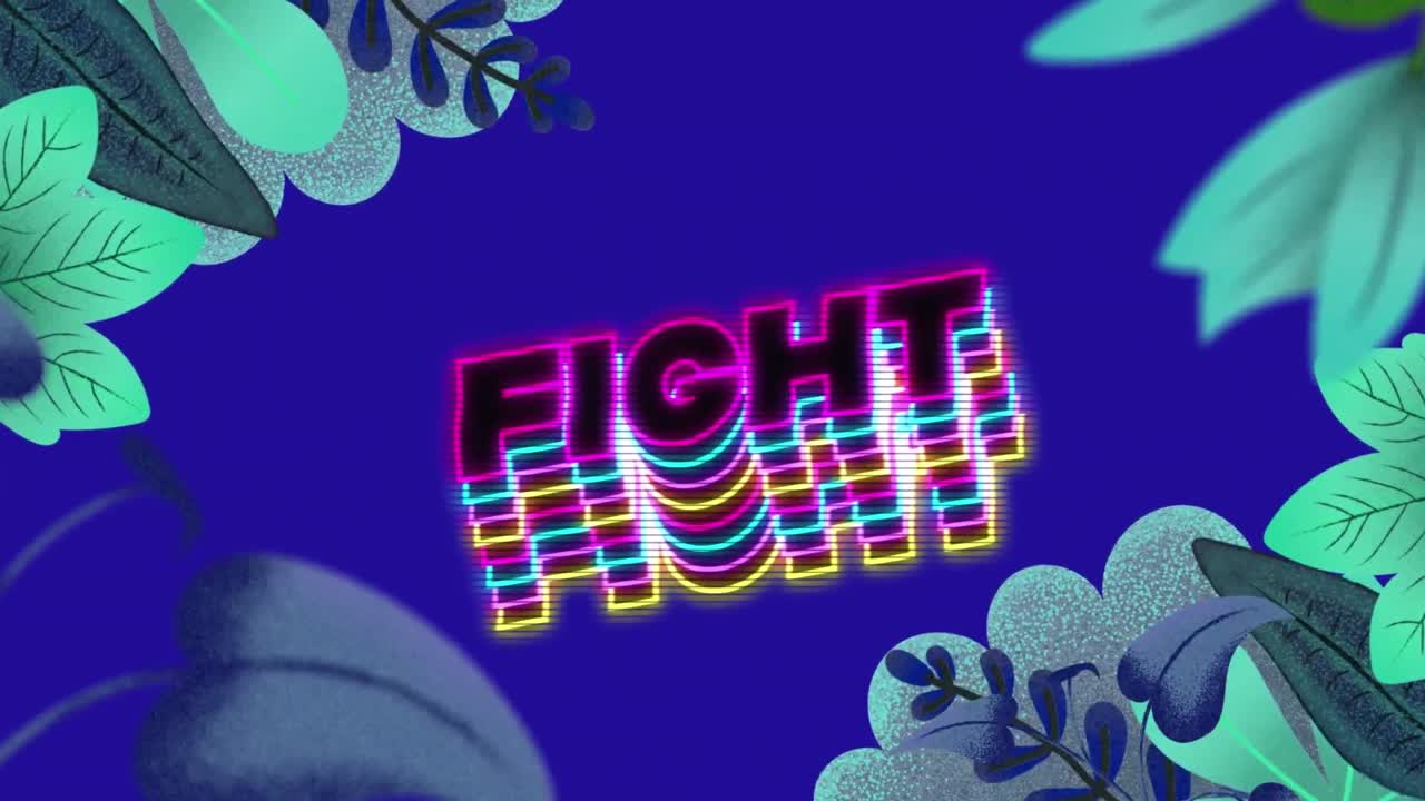 animación del texto de lucha sobre los iconos de flores sobre fondo azul