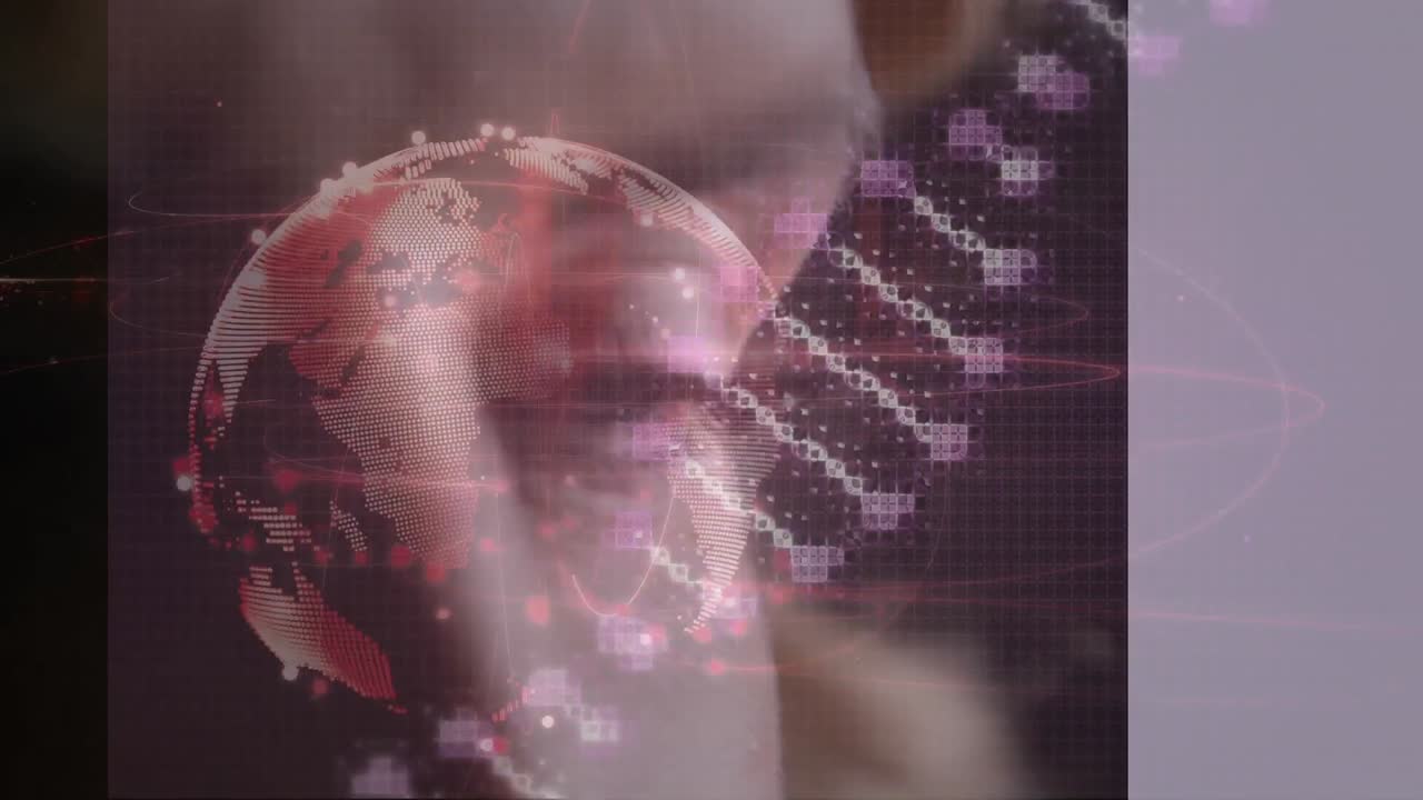 여성의 얼굴에 연결된 네트워크로 회전하는 dna 가닥의 애니메이션