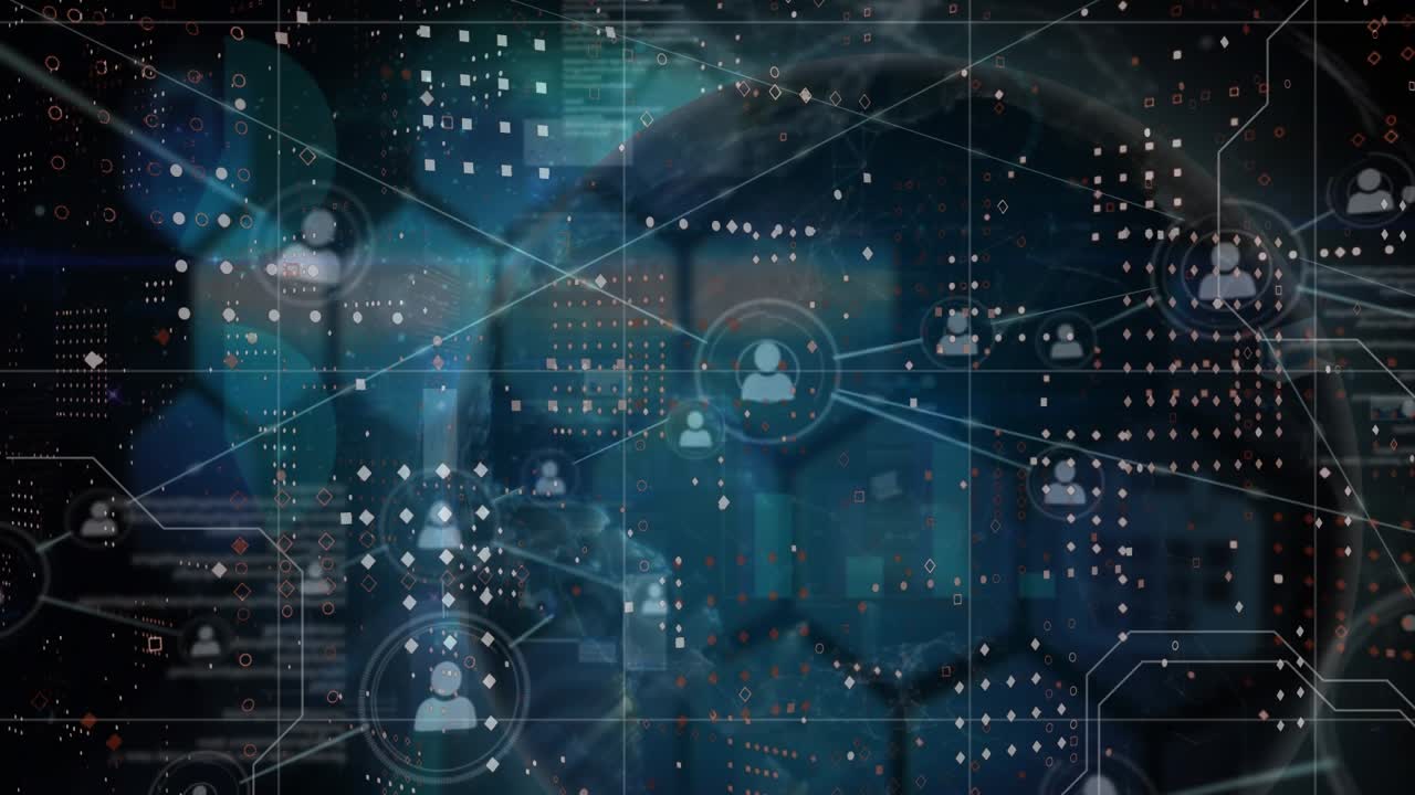 Animation of network of connections with numbers over globe and cityscape