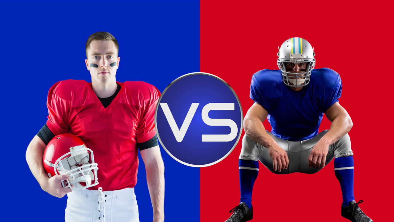 Animation of vs text in white, over male american football players from two teams, on red and blue