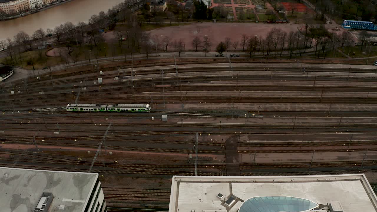 Train passing empty train track in Pasila, Helsinki Finland