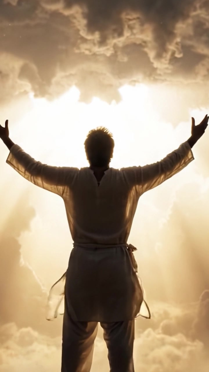 Un hombre abrazando la iluminación: Rayos de luz que atraviesan las nubes en un momento de conexión espiritual y liberación