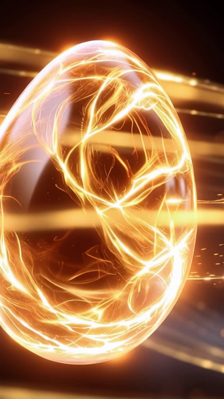 Un huevo sorprendentemente brillante con patrones de energía radiante que irradia un aura de misterio y encanto, pulsando con luz y belleza cautivadora en su forma transparente.
