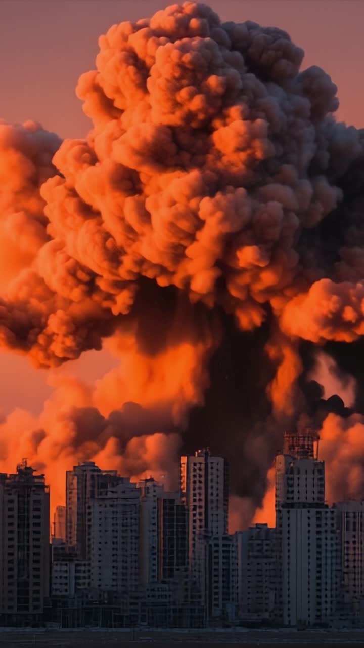 Un'eruzione catastrofica si innalza dal cuore di una città, mentre vivide nuvole di fumo e fuoco si intrecciano, illuminando lo skyline con un drammatico bagliore arancione contro l'orizzonte