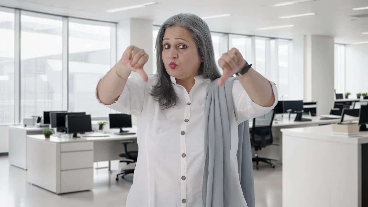 실망한 인도 고위 사업가 여성이 엄지손가락을 내려놓고 있습니다.