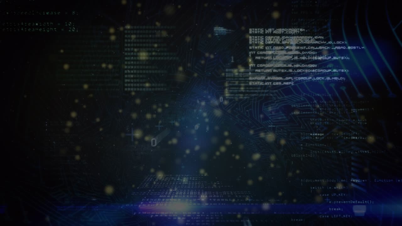 Animation of floating dots with binary codes and programming language moving in loop