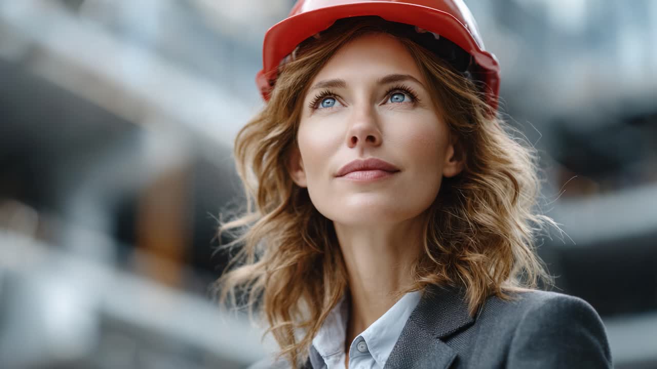 A Confident Woman in a Hard Hat Reflects on Future Prospects in a Construction Environment, Embodying Leadership and Professionalism in the Industry