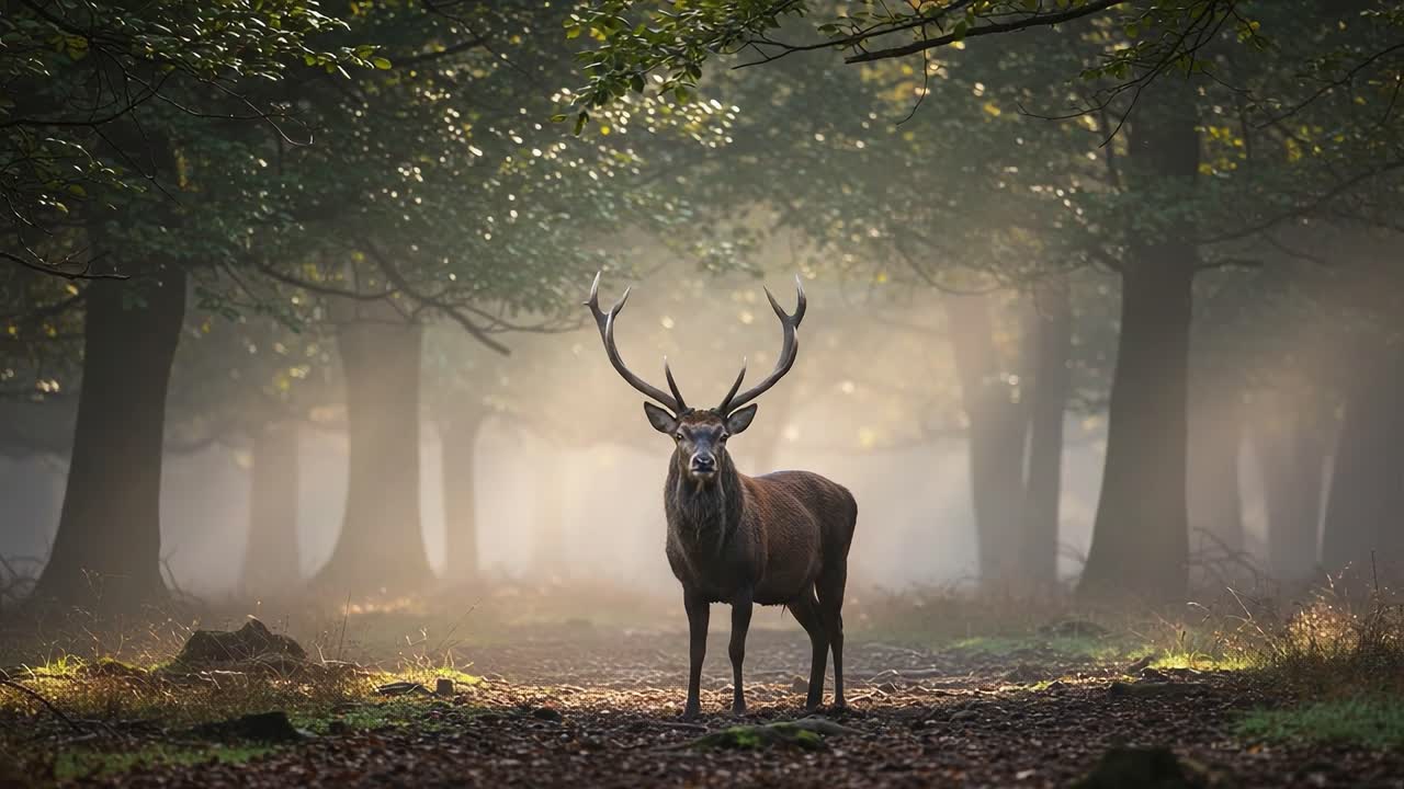 A Majestic Stag Stands Proudly in a Misty Forest, Illuminated by Soft Rays of Morning Light, Creating a Stunning Natural Scene of Tranquility and Wonder