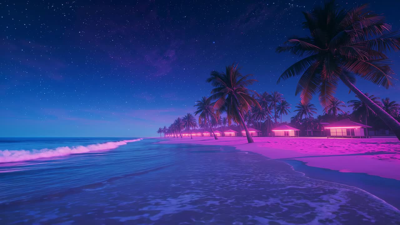 Camera gliding along tropical shoreline under starry sky, with neon-lit bungalows reflecting glow