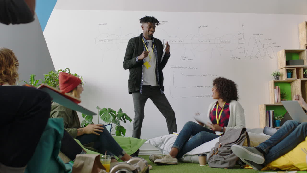 joven grupo de estudiantes de negocios celebrando afroamericano líder del equipo hombre bailando divertido disfrutando de la victoria baile amigos celebran el trabajo en equipo exitoso en feliz presentación de oficina diversa