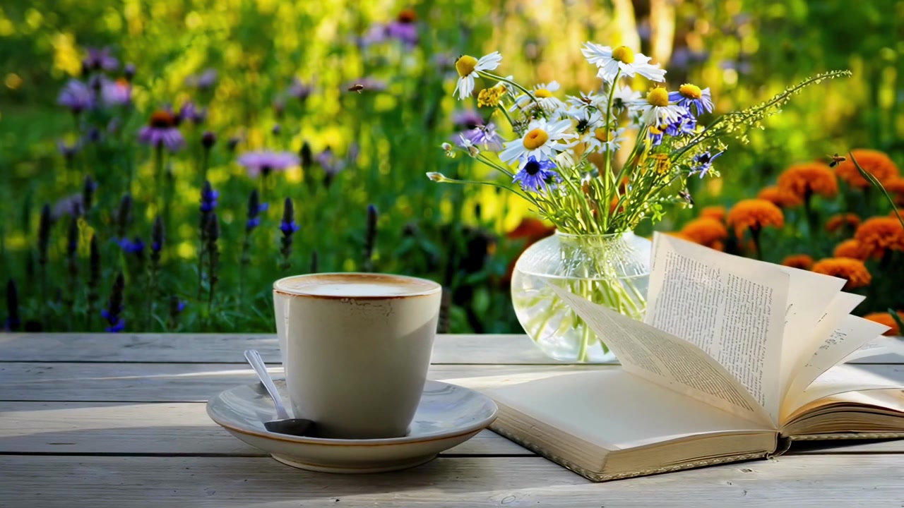 Dampfende Kaffeetasse und offenes Buch auf einem Gartentisch