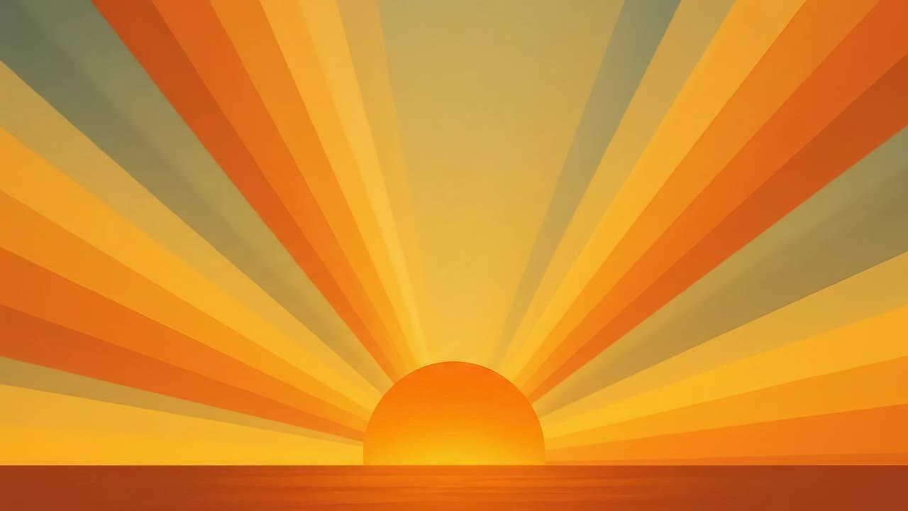 Retro sunrise with bold, radial lines in warm tones, viewed from a low angle, video style