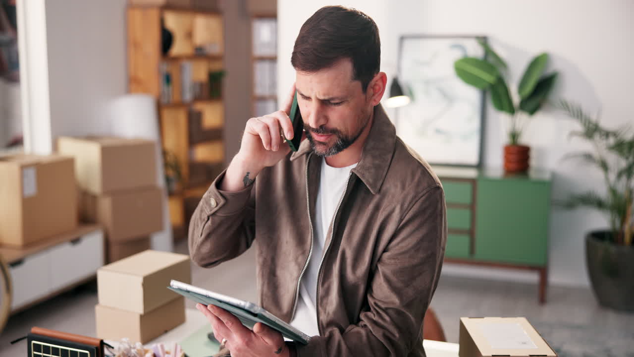 Man talking on phone while holding tablet in office