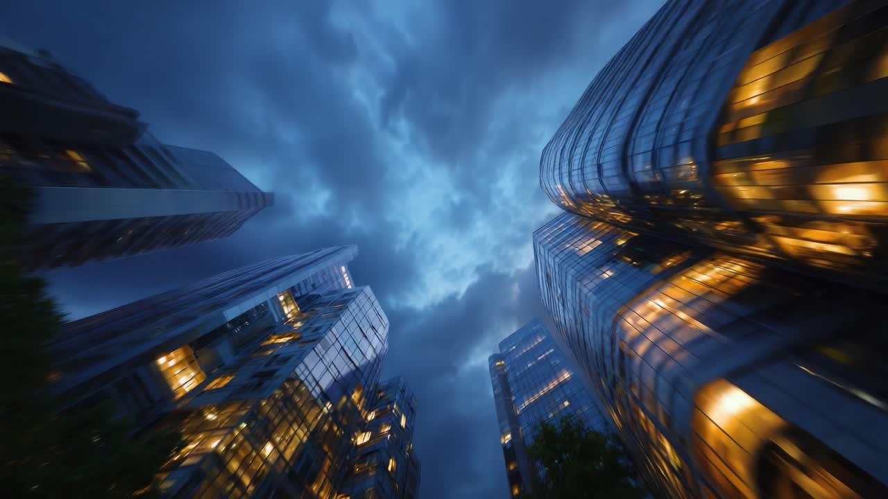 A Dramatic Skyline at Dusk: Modern High-Rise Buildings Reflecting Twilight's Glow Under a Stormy Sky with a Unique Perspective from Below