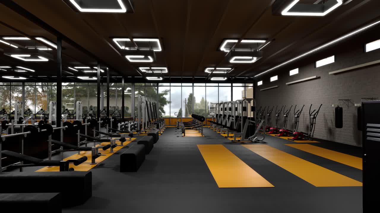 área interior del gimnasio con gimnasio moderno en animación de renderizado 3d. equipos excesivos con diseño moderno. visualización 3d