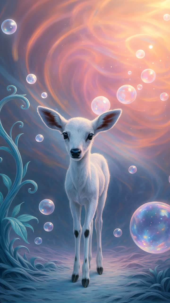 A surreal video concept featuring a front-facing angle of a mystical fawn amidst swirling lights