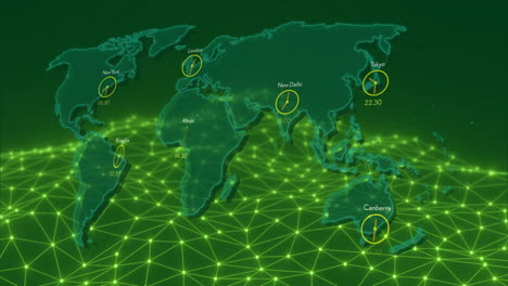 world map with time zones and network connections over green grid