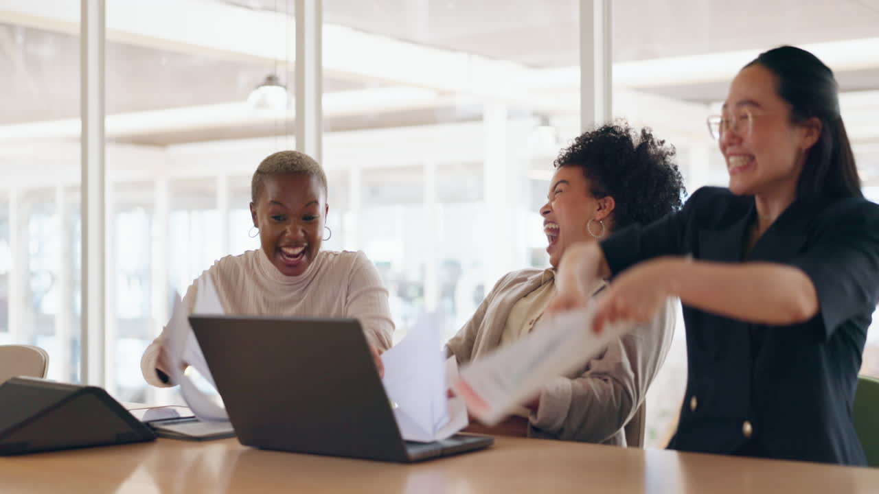 Business, laptop and women throw paper in air