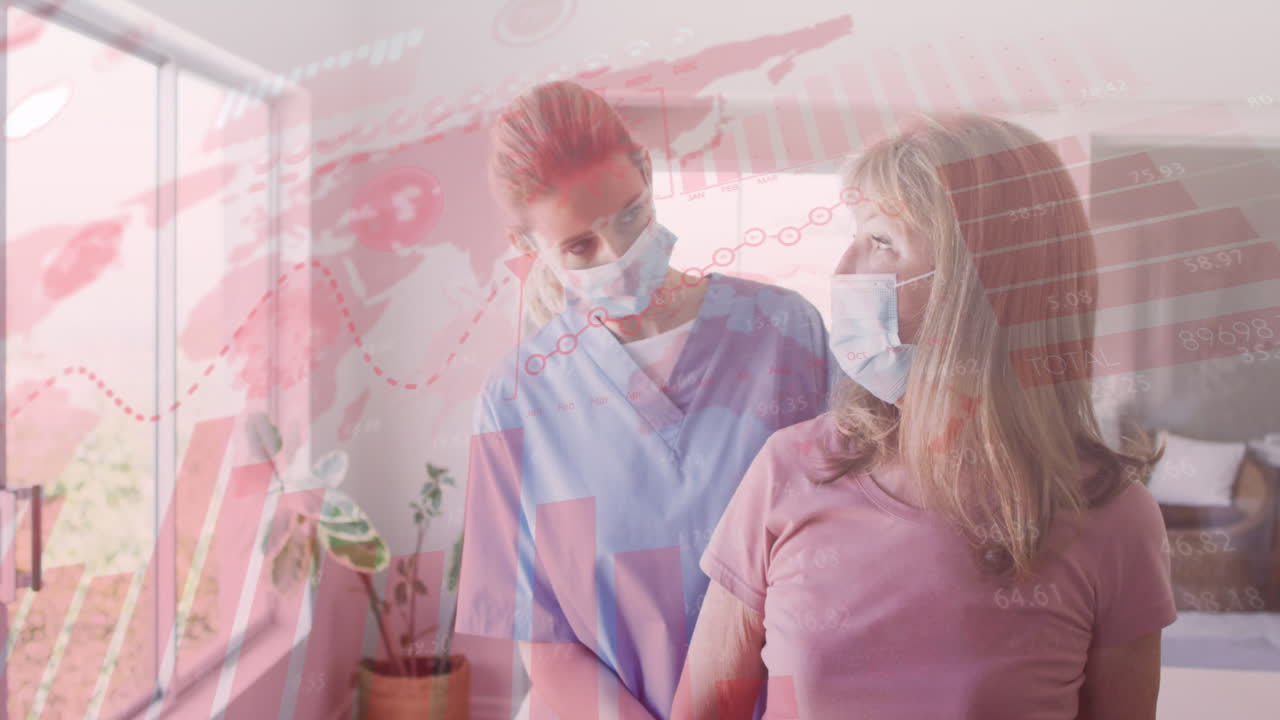 procesamiento de datos de coronavirus contra una trabajadora de la salud que ayuda a una mujer mayor a hacer ejercicio