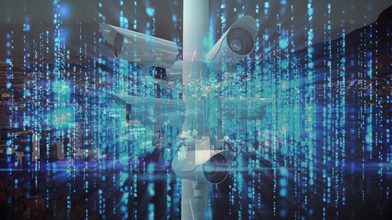 Animation of moving surveillance camera over data processing and cityscape