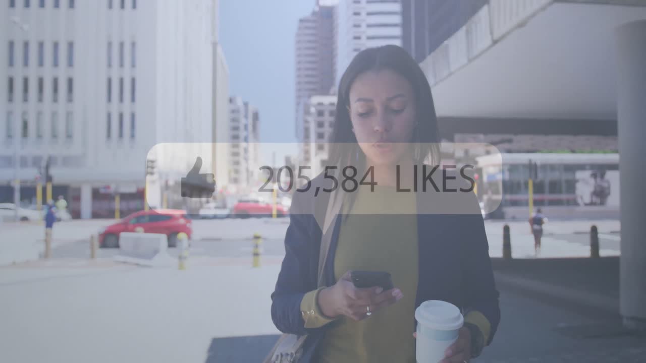 Animation of like thumbs up icon with numbers changing over woman using smartphone in city