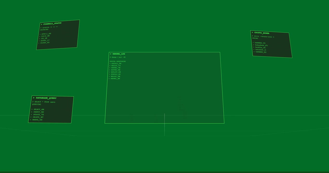 Guide lines booting transparent HUD, center terminal and panels emerging, rotating, showing readout