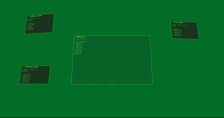 Guide lines booting transparent HUD, center terminal and panels emerging, rotating, showing readout