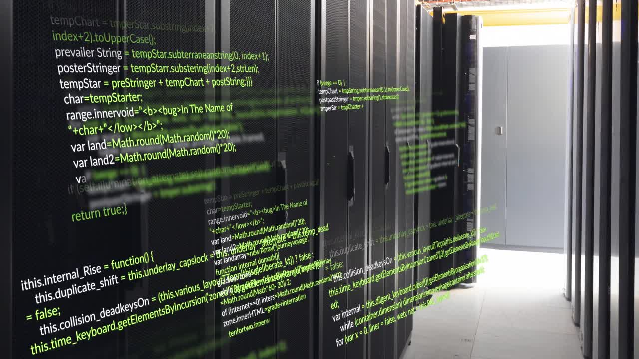 animação do processamento de dados contra a sala de servidores de computador