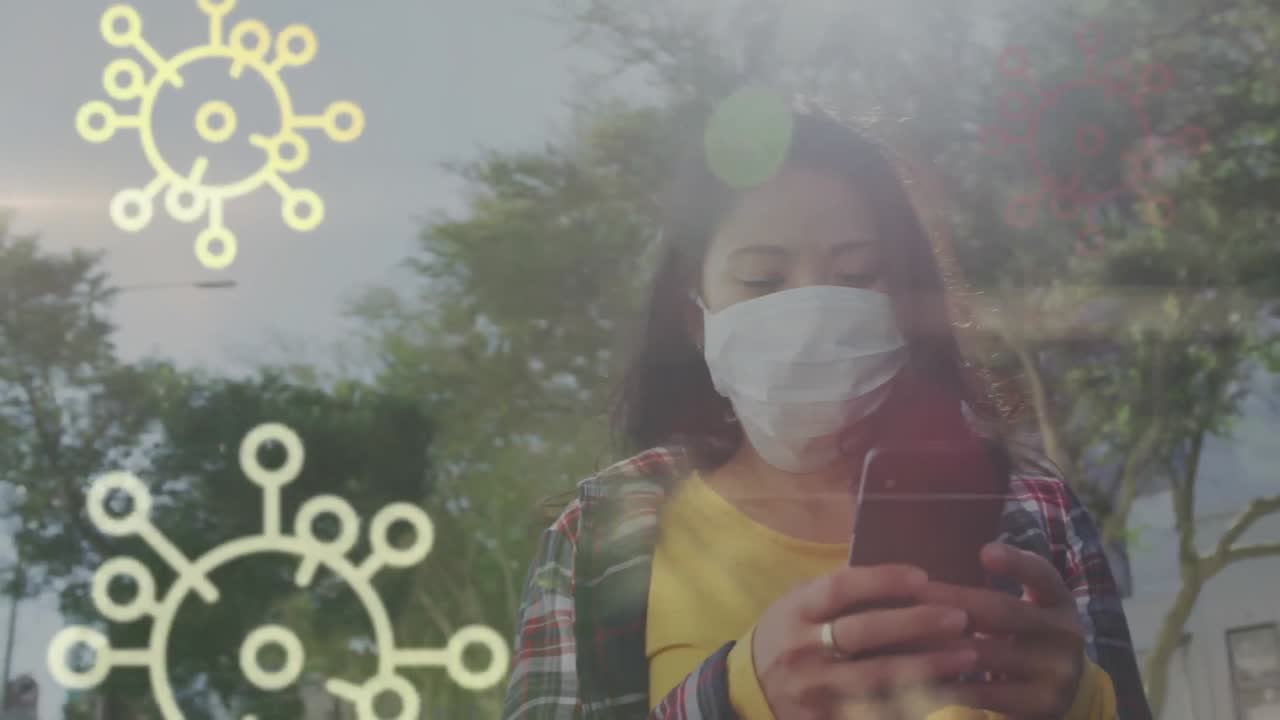 animación de una mujer con una máscara en la calle sobre iconos de bacterias macro