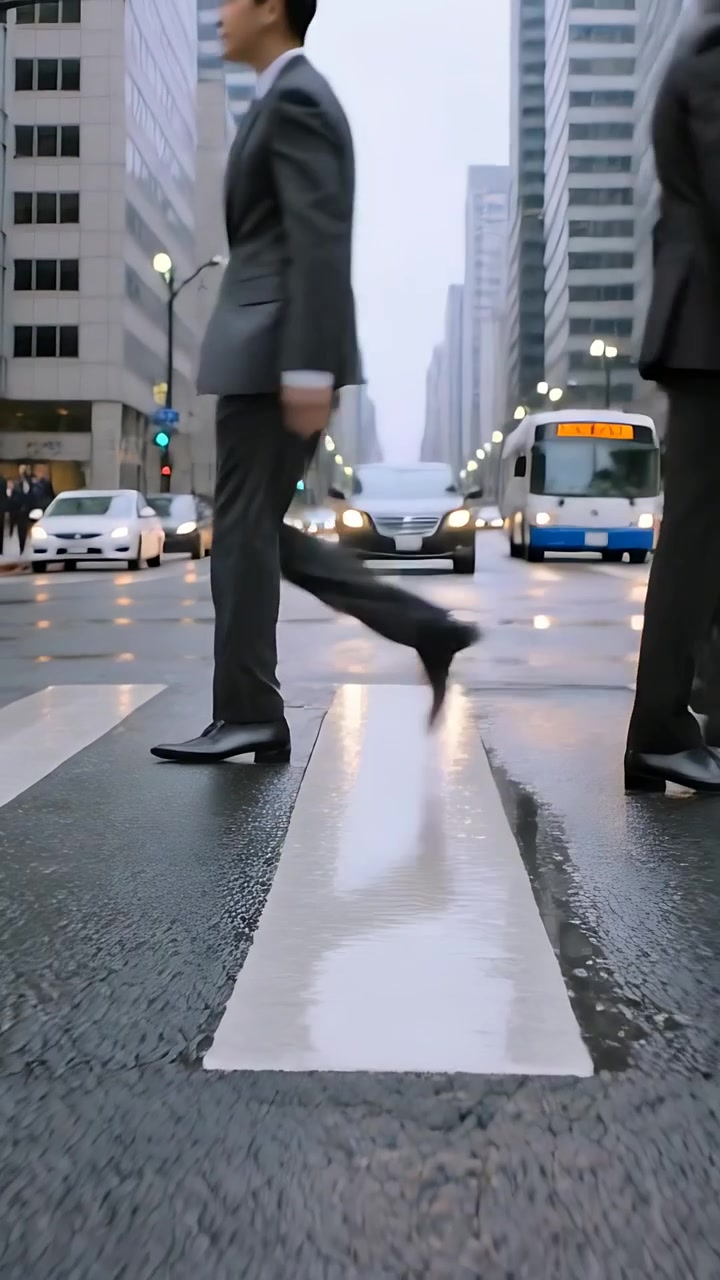 Vertical video: Stepping onto crosswalk stripe two men in suits crossing wet road, heading to work