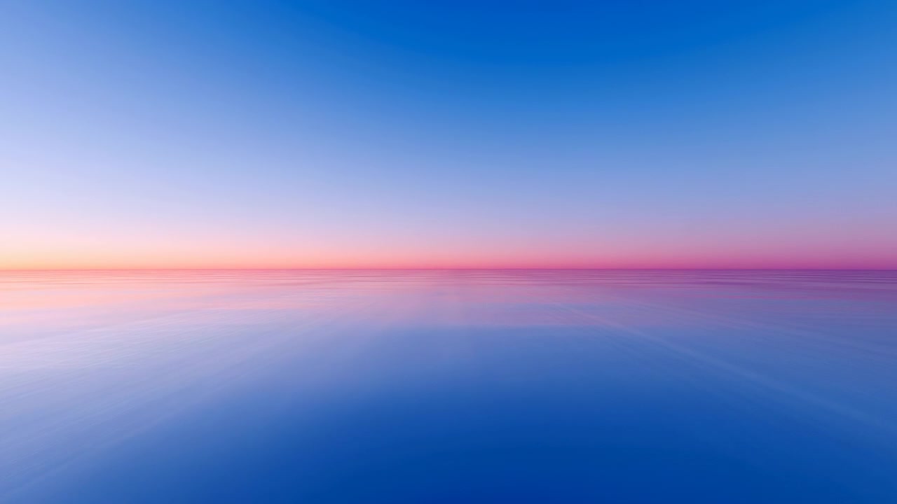Minimal panoramic ocean scene showing calm reflective water meeting wide sky at low horizon, with gentle ripples, soft pastel light, smooth surface motion and tranquil spacious mood