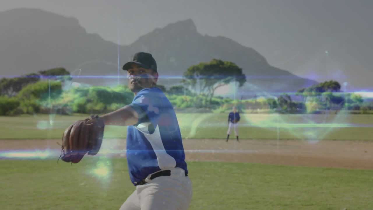 Lanciatore che inizia la preparazione e lancia la palla con un'aura di energia animata durante l'allenamento sportivo