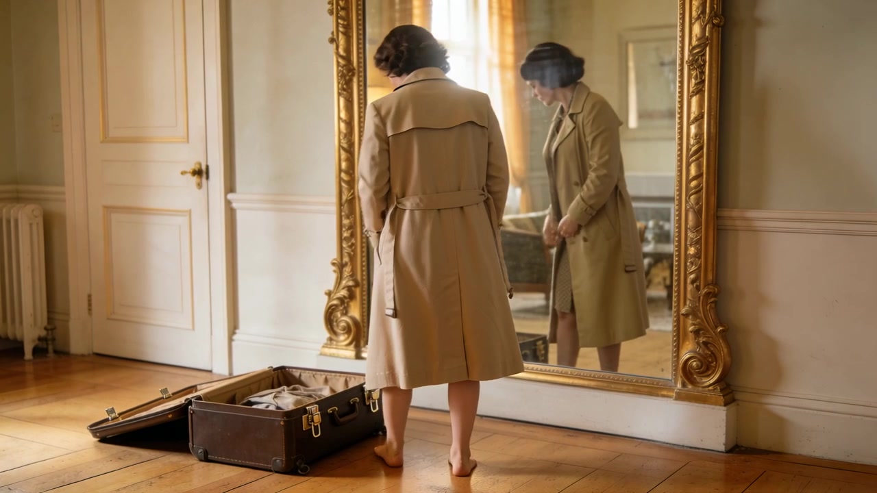 Kvinne sjekker passformen på trenchcoaten i et forgylt speil i en suite, bøyer seg ned i en åpen koffert.