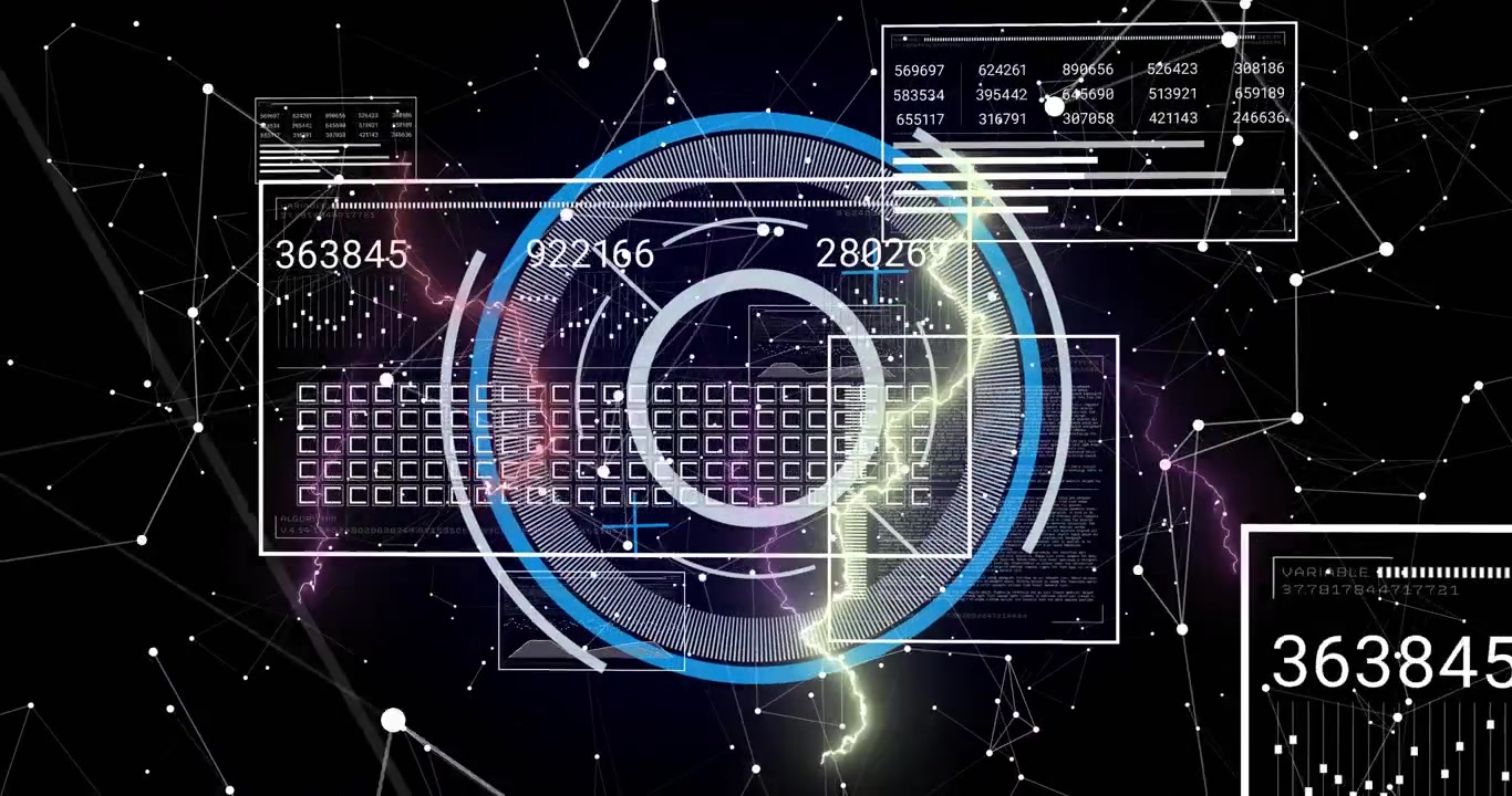 Gul energibue rammer central cirkulær HUD, igangsætter roterende ringe, der opdaterer live datapaneler.