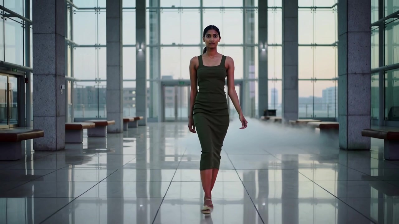 Walking model in olive dress striding toward camera rolling in glass atrium for promo, fog trailing