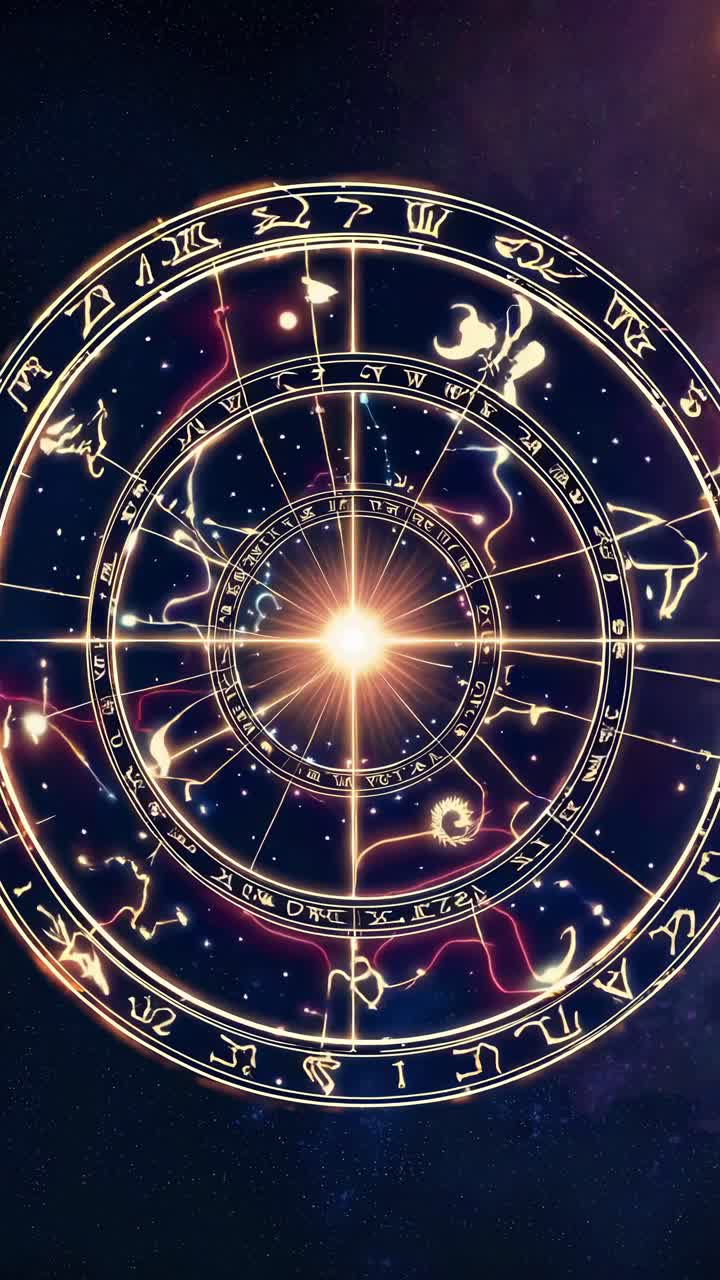 A cosmic zodiac wheel glowing with astrological symbols, viewed from above