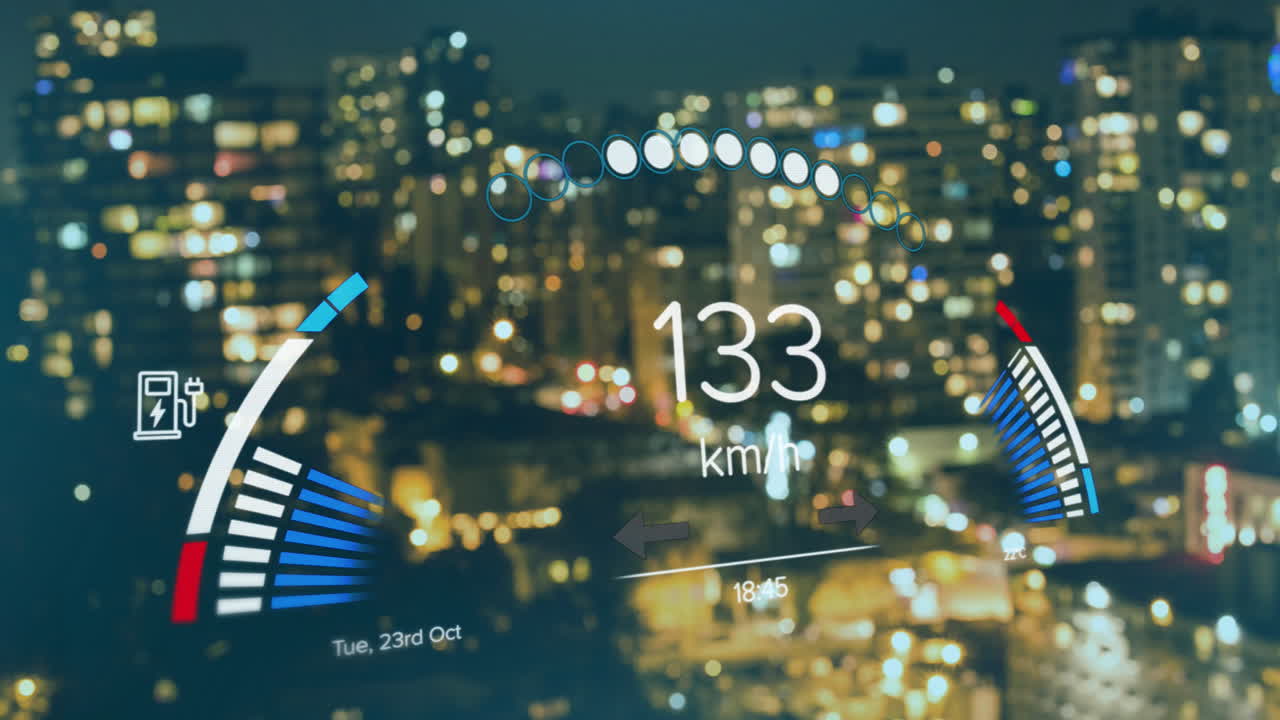 도시를 가로지르는 전기 자동차 속도계 데이터 처리 애니메이션