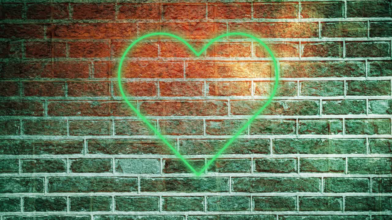 animación del icono del corazón de neón brillante en la pared de ladrillo