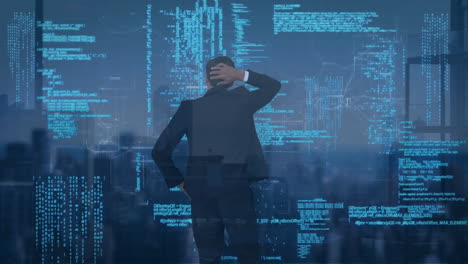 holding head, businessman analyzing data processing animation over cityscape