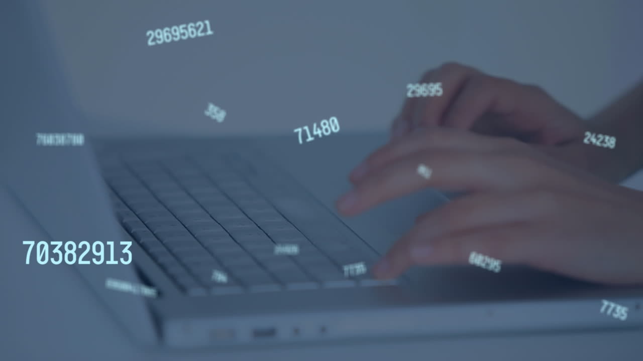 Animation of numbers changing over woman using laptop