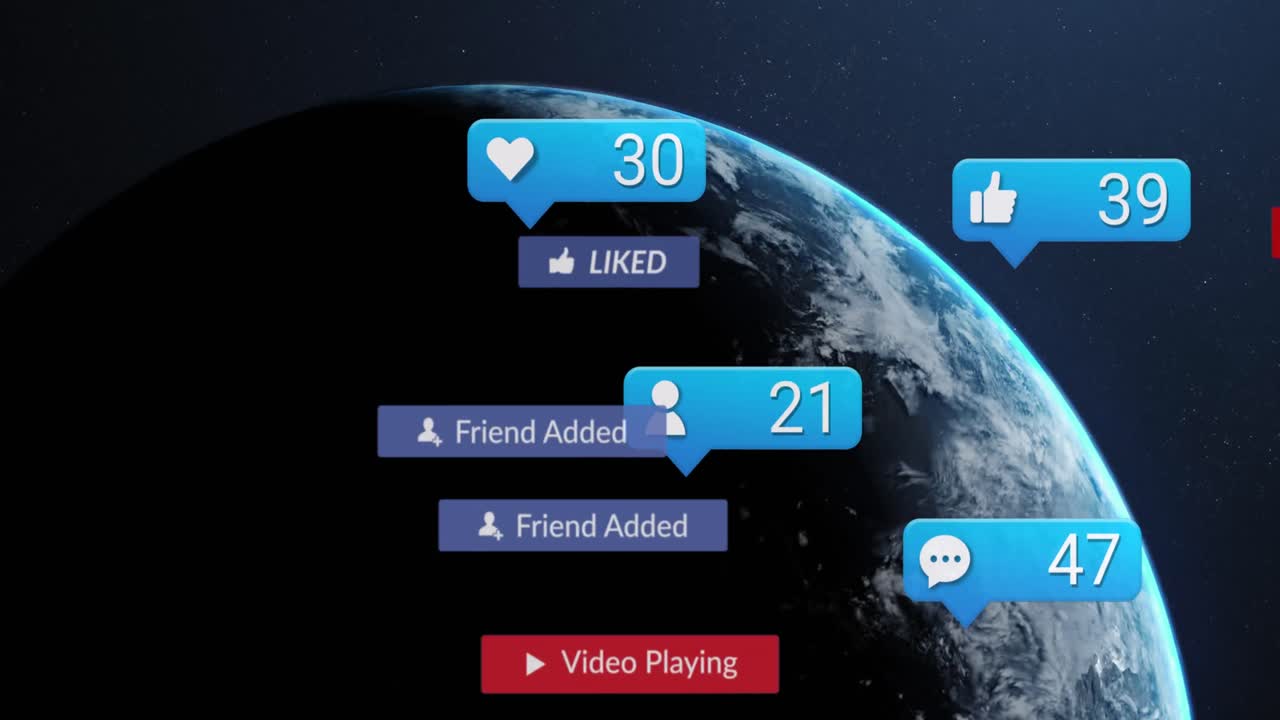 블랙 백그라운드에서 전 세계 데이터를 처리하는 소셜 미디어 알림의 애니메이션