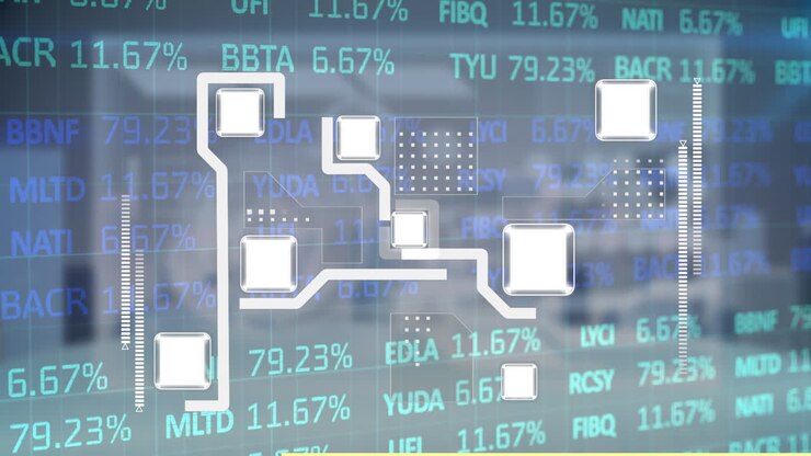 Animation of integrated circuit over financial data on digital screen