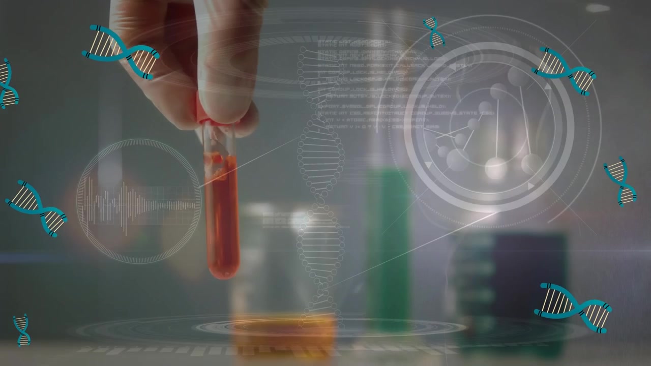 Animación de procesamiento de datos sobre una mano con un tubo de ensayo
